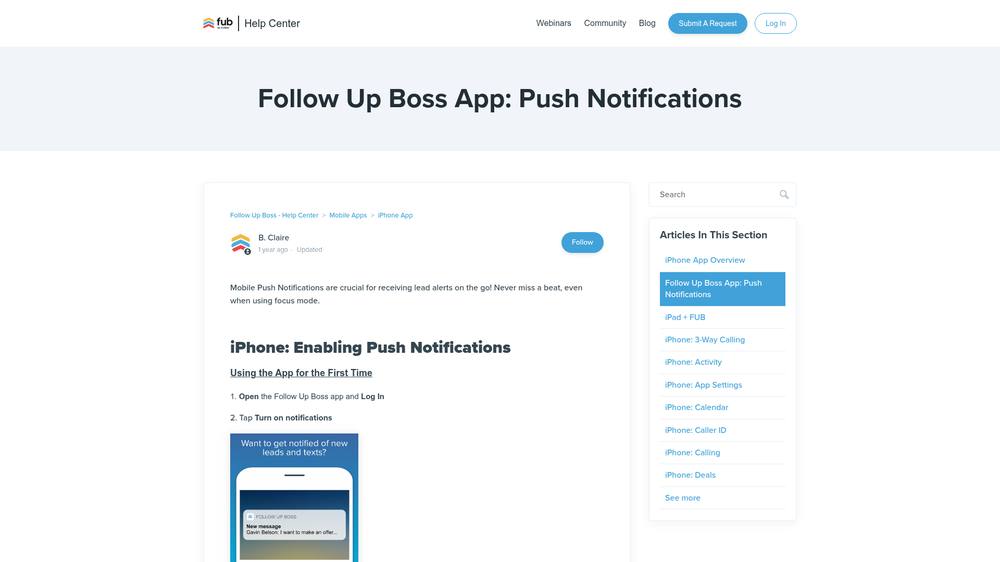 Follow Up Boss Help Center push notifications article