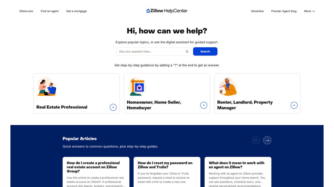 Zillow Help Center home page
