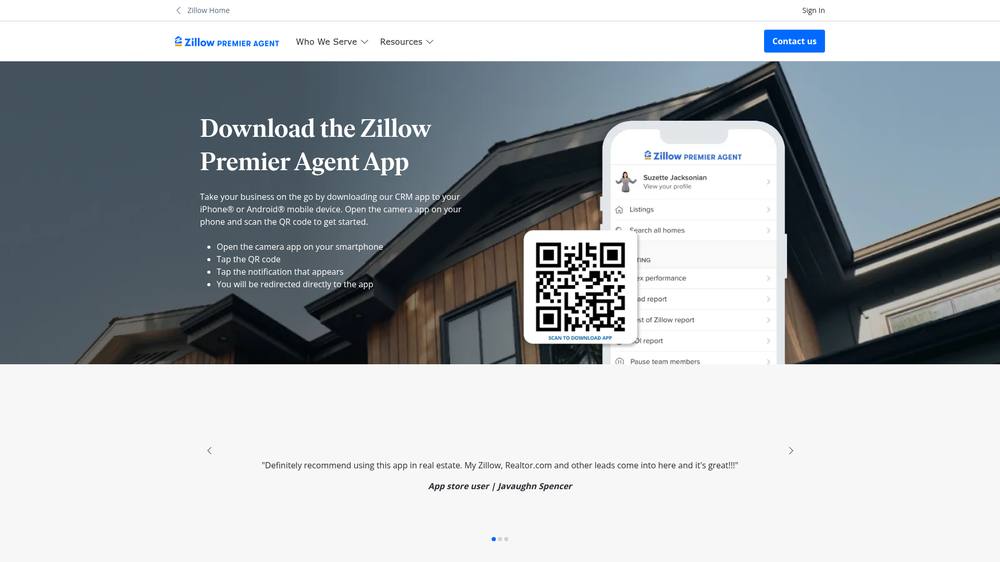 Zillow's Download the Zillow Premier Agent App page with QR code